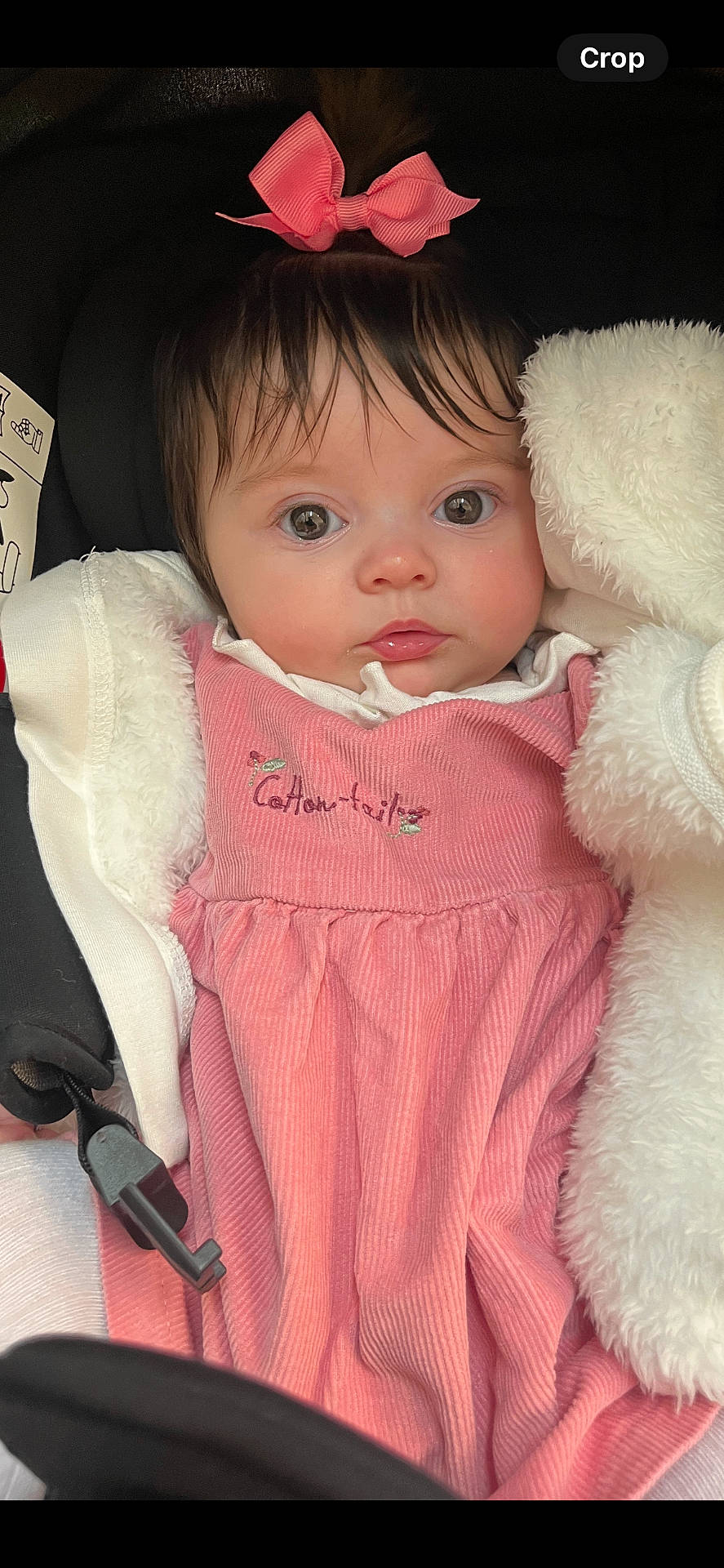 Freyja joined the competition — help win amazing prizes! adorable, baby, baby_girl, big_eyes, blanket, car_seat, child, clothing, cozy, cute, expression, face, indoors, infant, pink_bow, pink_dress, portrait, soft_lighting, white_blanket, young_child