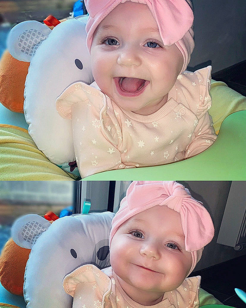 Olivia a rejoint le concours — aidez-le/la à gagner de superbes lots ! baby, baby_toddler_clothing, blue, cap, cheek, chin, eye, eyebrow, face, facial_expression, happy, head, headwear, joy, mouth, nose, person, photograph, pink, product