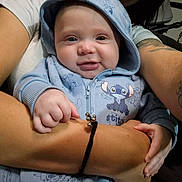 Riley joined the competition — help win amazing prizes! baby, infant, smiling, hoodie, blue_hoodie, hands, arms, tattoo, bracelet, stroller, closeup, portrait, cute, cheeks, zipper, eye_contact, holding, fabric_pattern, indoors, parental_embrace