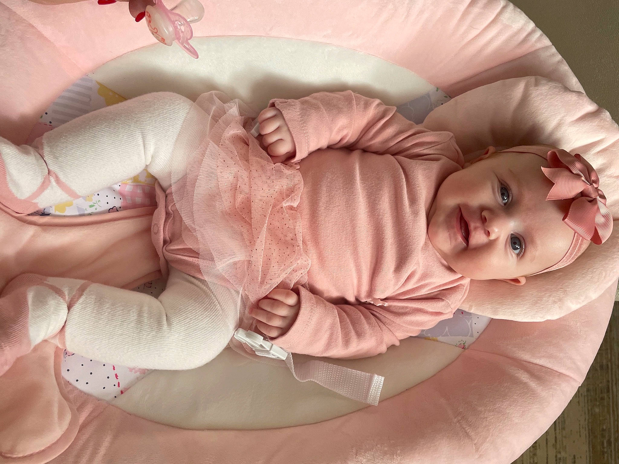 Isla-rose joined the competition — help win amazing prizes! arm, baby, baby_sleeping, baby_toddler_clothing, chest, child, comfort, elbow, gesture, hand, happy, human_leg, linens, mouth, person, pink, sitting, skin, sleeve, textile