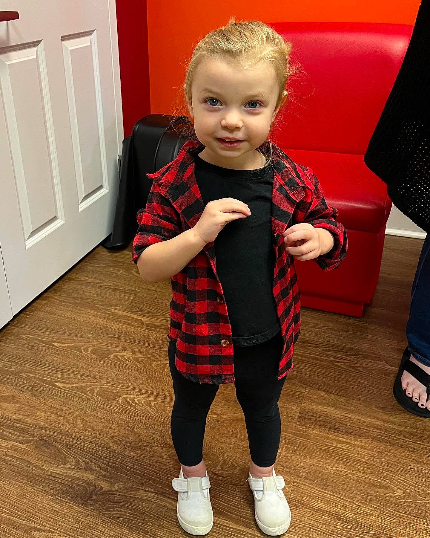 Kenslee joined the competition — help win amazing prizes! baby_toddler_clothing, cabinetry, child, door, face, floor, flooring, fun, hair, joint, joy, knee, person, plaid, product, skin, sleeve, smile, standing, tartan