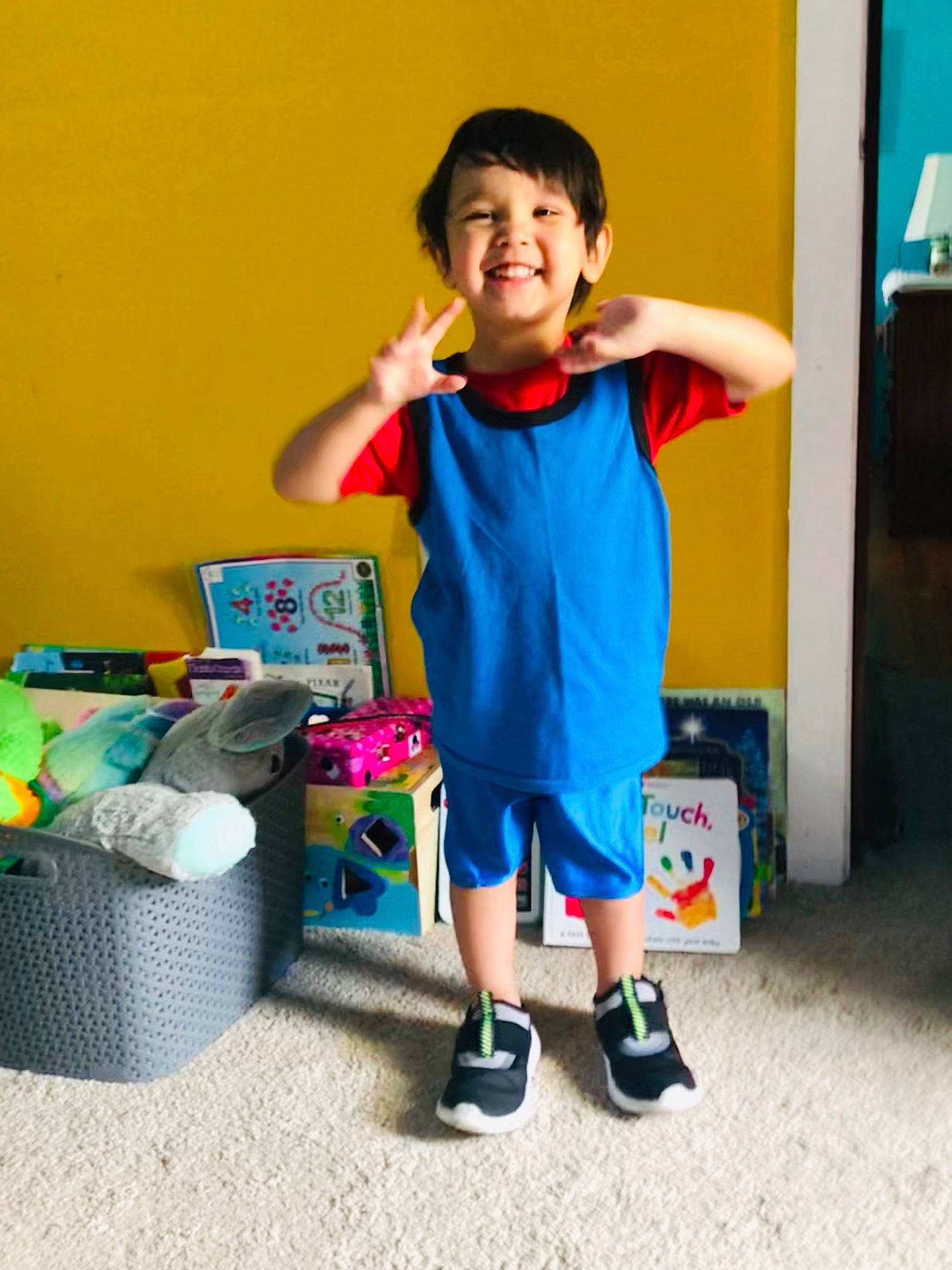 Kohen joined the competition — help win amazing prizes! bag, child, electric_blue, fun, happy, household_supply, joy, leisure, luggage_and_bags, person, play, room, sandal, shorts, sitting, sleeve, slipper, smile, t_shirt, toddler