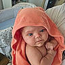 baby, infant, towel, hooded_towel, blue_eyes, curious, indoor, nursery, soft_skin, wrapped, cute, child, person, newborn, closeup, expression, hand, face, cuddle, blanket