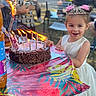 child, birthday_cake, candles, sparkler, party, celebration, girl, princess_crown, dress, smile, table, outdoor, people, food, chocolate_cake, happy, festive, background, person, event
