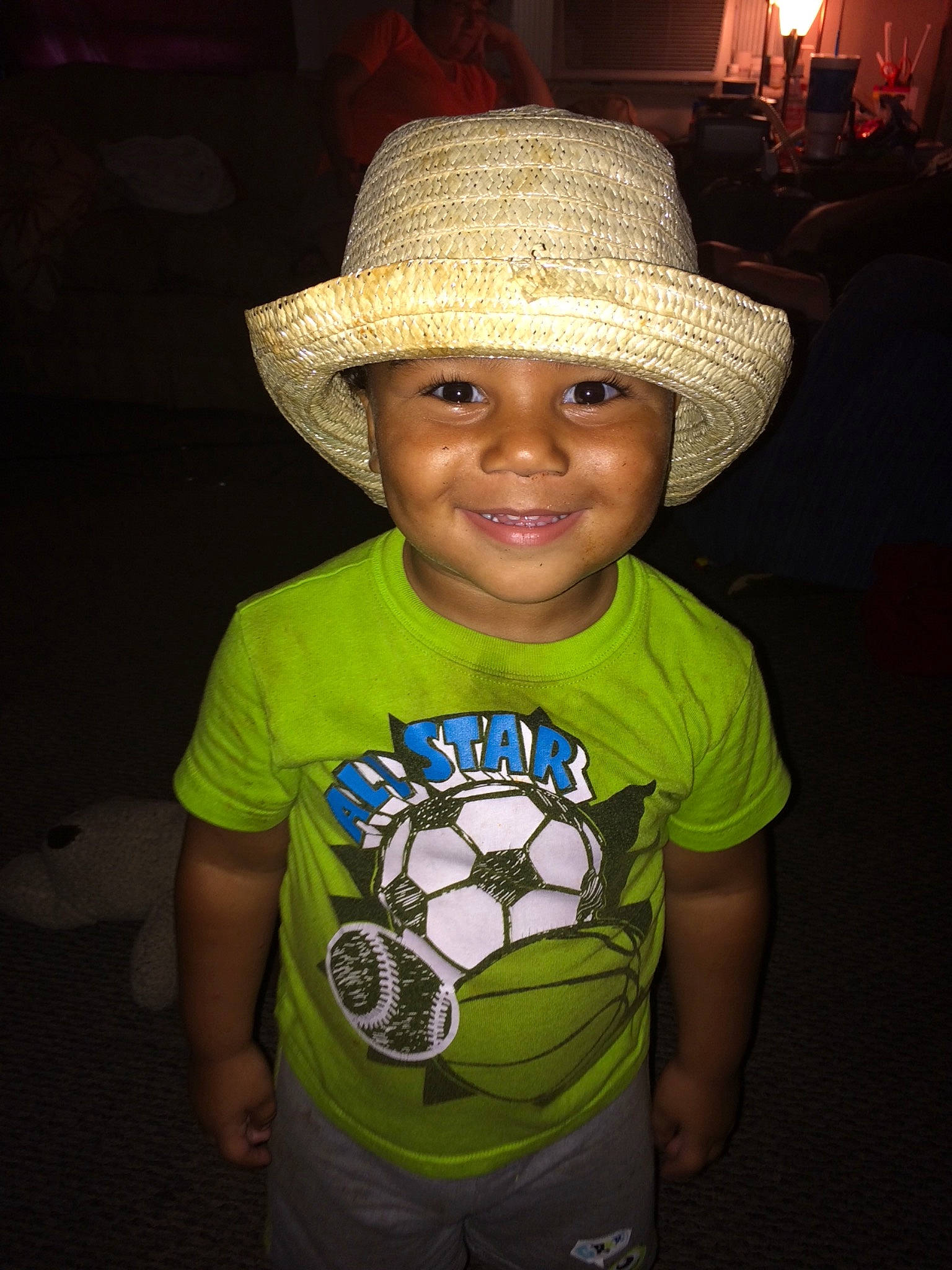 Jonathon is registered to the contest to win money with this photo: child, cool, fashion_accessory, fun, hat, headgear, headwear, joy, person, plant, smile, sombrero, sun_hat, t_shirt, toddler, vacation