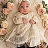Gloria joined the competition — help win amazing prizes! baby, infant, dress, headband, flowers, roses, blanket, knitted, pearls, shoes, velvet, portrait, cute, soft_lighting, indoors, person, child, laying_down, elegant, decorative
