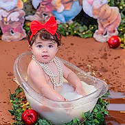 Jenny joined the competition — help win amazing prizes! baby, child, infant, portrait, smiling, red_bow, pearls, bathtub, milk_bath, holiday, snow_white, seven_dwarfs, apples, greenery, outdoor, festive, costume, sitting, studio_photography, decor