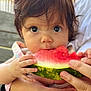 baby, child, watermelon, fruit, eating, hands, closeup, face, cute, summer, outdoor, food, skin, person, expression, natural_light, hair, holding, infant, snack