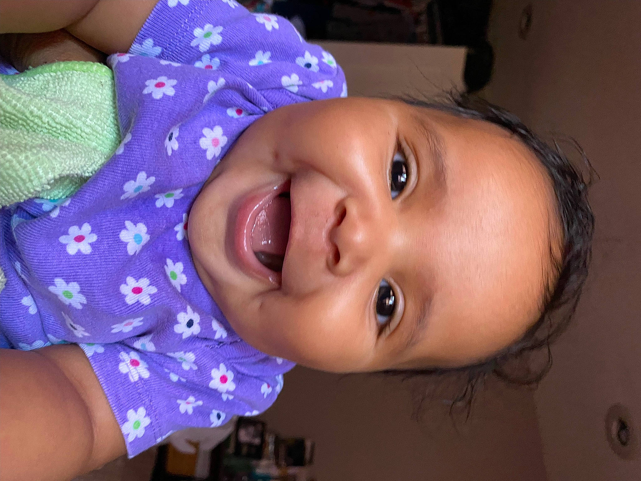 Marina is registered to the contest to win money with this photo: baby, baby_toddler_clothing, cheek, ear, eye, eyebrow, eyelash, flash_photography, happy, headgear, human_body, iris, lip, mouth, neck, nose, person, purple, skin, smile