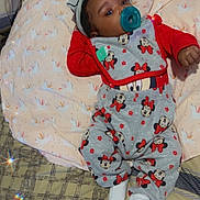 Harmony joined the competition — help win amazing prizes! baby, bed, blanket, child, clothing, comfort, cute, headband, indoors, infant, lying_down, mickey_mouse, minnie_mouse, pacifier, packaging, pattern, plaid, red, sleepwear, soft_toy