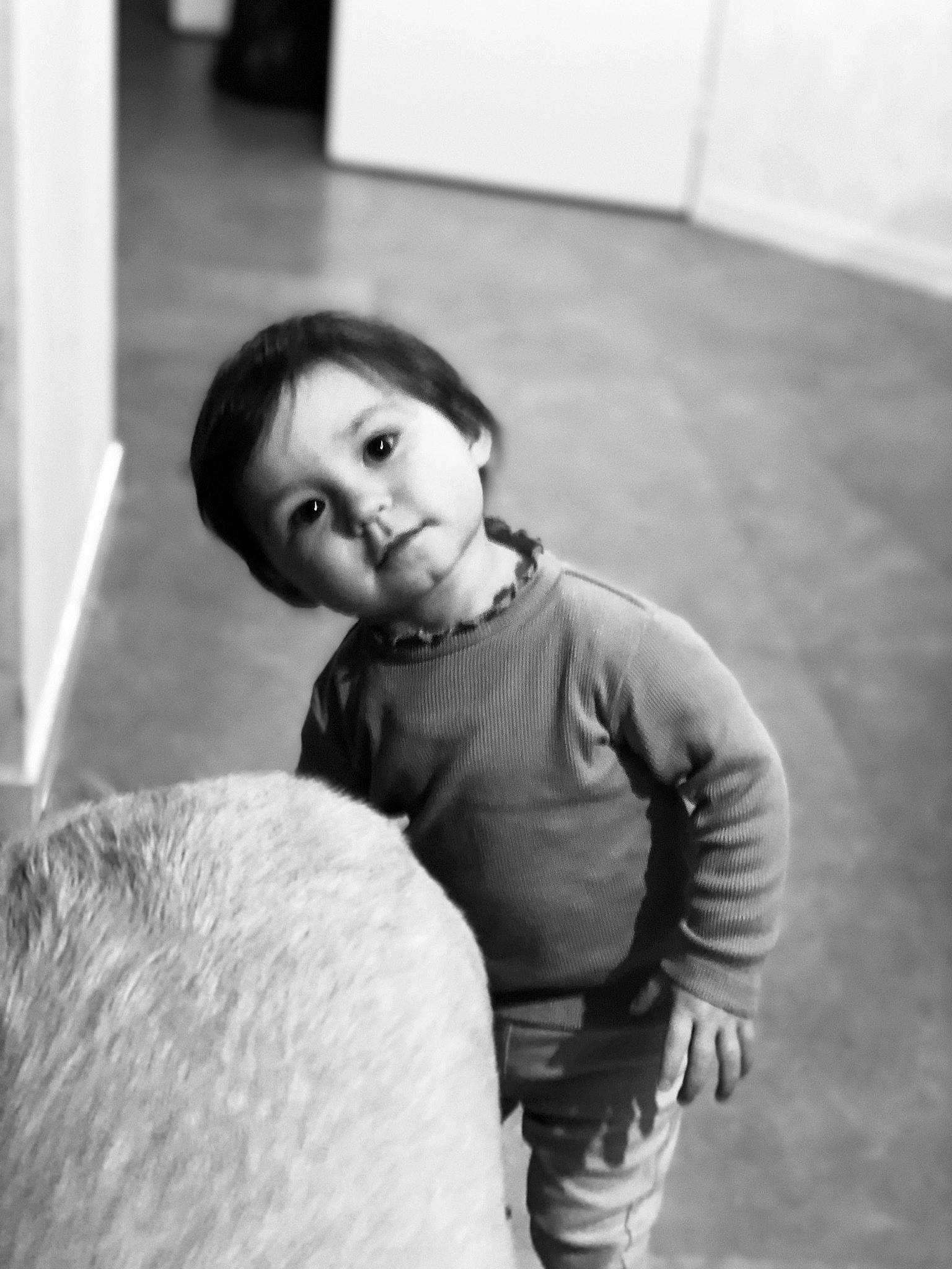 Naïa participe au concours pour gagner de l'argent avec cette photo : black_and_white, child, elbow, eye, face, flash_photography, flooring, fun, gesture, happy, human_body, joint, monochrome, monochrome_photography, nose, person, skin, sleeve, standing, style