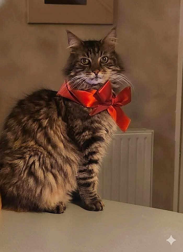 Feeling a rejoint le concours — aidez-le/la à gagner de superbes lots ! cat, tabby, fluffy, bow, red_bow, pet, animal, feline, indoor, table, portrait, curious, sitting, whiskers, ears, fur, face, domestic_animal, cute, house