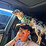 Coral Rae is registered to the contest to win money with this photo: dog, person, car_interior, seatbelt, hat, bracelet, tattoo, window, sunlight, seat, leash, green_harness, short_hair, smile, earring, hand, jewelry, pet, companion, adventure