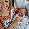 Rowan joined the competition — help win amazing prizes! children, sibling, newborn, baby, girl, smiling, laughing, sleeping, portrait, indoors, bed, pillow, blanket, hospital_wristband, cuddling, family, brother_and_sister, striped_blanket, casual_clothing, happy