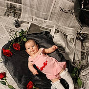 Odessa is registered to the contest to win money with this photo: baby, balloon, black_balloon, blanket, child, cute, face, flooring, gray_blanket, infant, lying_down, newspaper_background, pink_dress, portrait, props, red_roses, rose, smiling, studio_set, white_socks