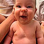 baby, smiling, happy, infant, child, skin, face, eyes, mouth, hand, arm, torso, diaper, naked, human, person, soft, fabric, background, closeup