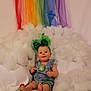 Odessa joined the competition — help win amazing prizes! baby, infant, child, denim_overalls, green_headband, sparkly_bow, beads, rainbow, cloud, studio_backdrop, sitting, barefeet, portrait, cute, fabric, sparkle, costume, smile, props, photography