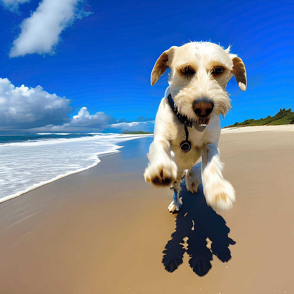 Cowboy is registered to the contest to win money with this photo: beach, canidae, carnivore, cloud, companion_dog, cumulus, dog, dog_breed, dog_supply, fawn, happy, landscape, natural_landscape, pet_supply, sky, snout, sporting_group, terrier, water, working_animal