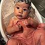 baby, child, bath, water, foam, shampoo, pink_cloth, infant, face, skin, hands, tub, bath_seat, cute, portrait, indoors, wet, expression, person, newborn