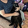 Benson is registered to the contest to win money with this photo: person, cat, black_cat, indoor, cushioned_chair, wooden_floor, holding, pet, relaxed, casual_clothing, smile, furniture, home, domestic_life, barefoot, papers, storage_basket, remote_control, blue_tshirt, light_skinned