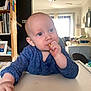 Nate is registered to the contest to win money with this photo: baby, child, blue_shirt, high_chair, snack, indoor, home, bookshelf, photograph, table, curious, face, hand, light, window, furniture, portrait, person, young_child, casual