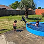 toddler, dog, pool, water, sprinkler, grass, backyard, sunny_day, child, playing, pavement, tree, fence, blue_sky, summer, outdoor, swimming, fun, water_spray, leisure