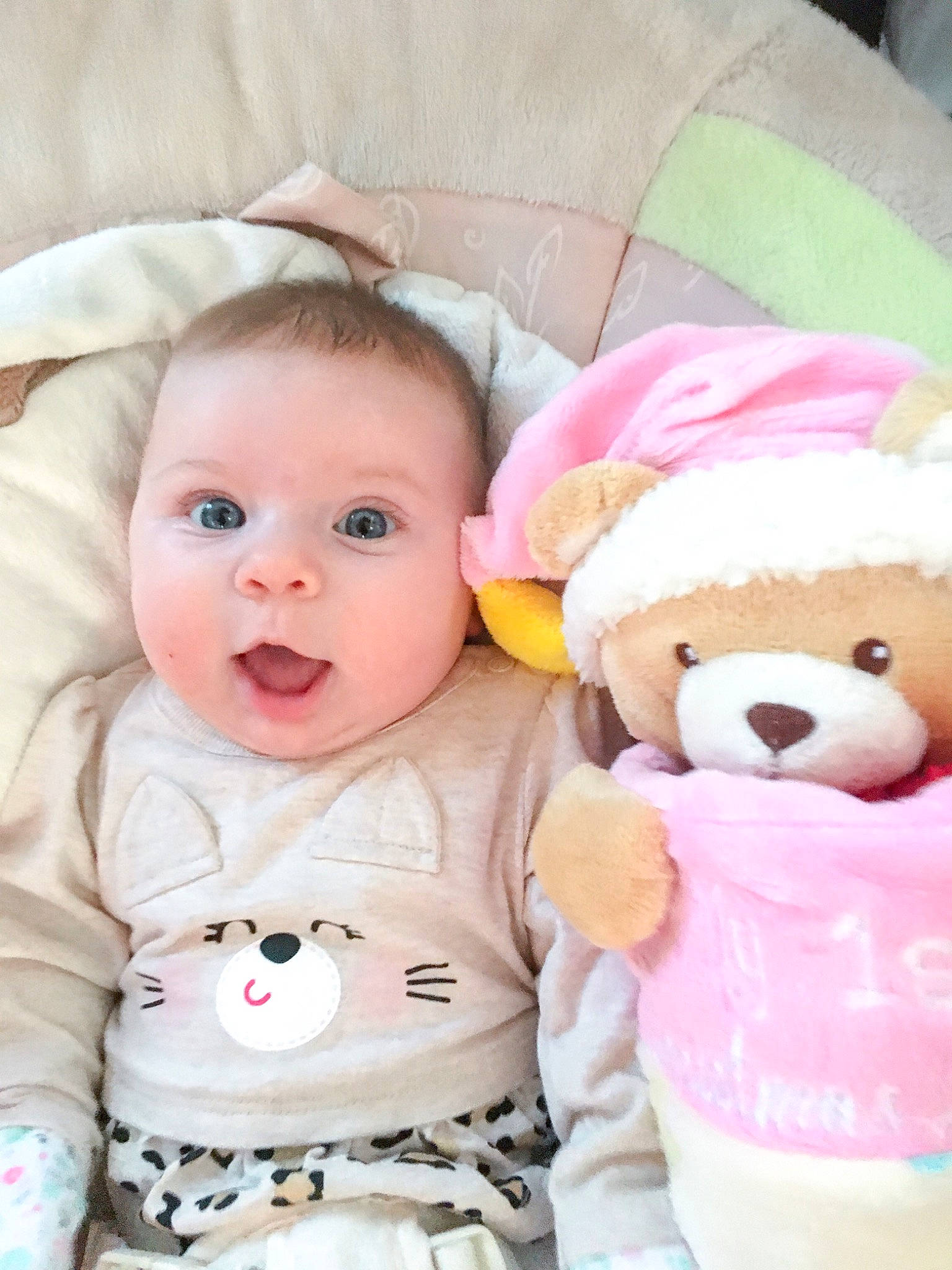 Lucie is registered to the contest to win money with this photo: baby, baby_products, baby_toys, cheek, child, doll, head, person, pink, plush, product, skin, smile, stuffed_toy, surprise, teddy_bear, toddler, toy