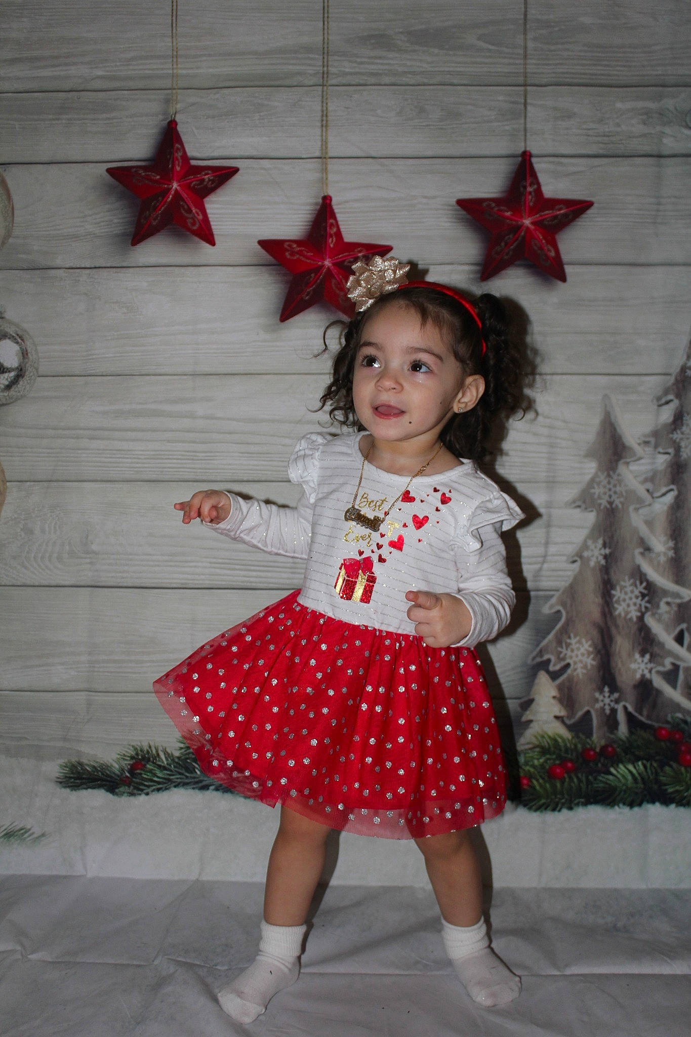 Araceli joined the competition — help win amazing prizes! child, christmas, costume, design, dress, fun, girl, holiday, pattern, person, red, skin, toddler