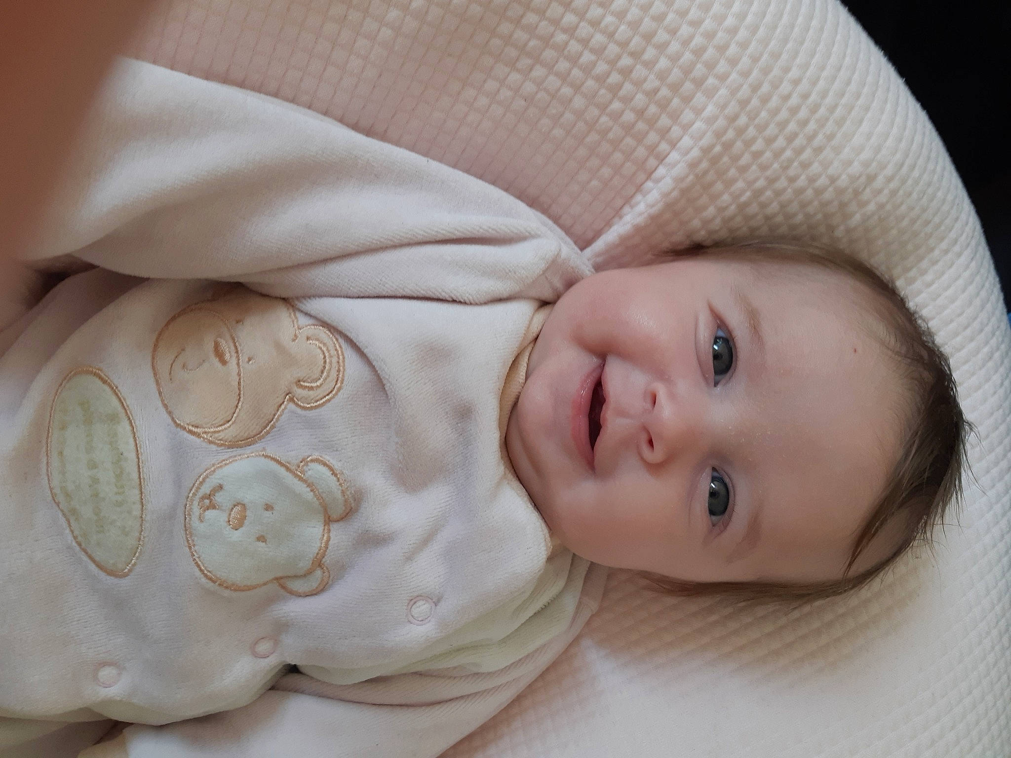 Diane participe au concours pour gagner de l'argent avec cette photo : baby, baby_products, baby_toddler_clothing, cheek, child, chin, close_up, comfort, flash_photography, happy, iris, lip, nose, pattern, person, portrait_photography, skin, sleeve, smile, toddler