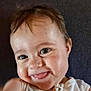 baby, child, smiling, tongue, face, eyes, white_clothing, cute, happy, portrait, infant, cheeky, closeup, baby_girl, baby_boy, soft_background, indoor, skin, head, hair