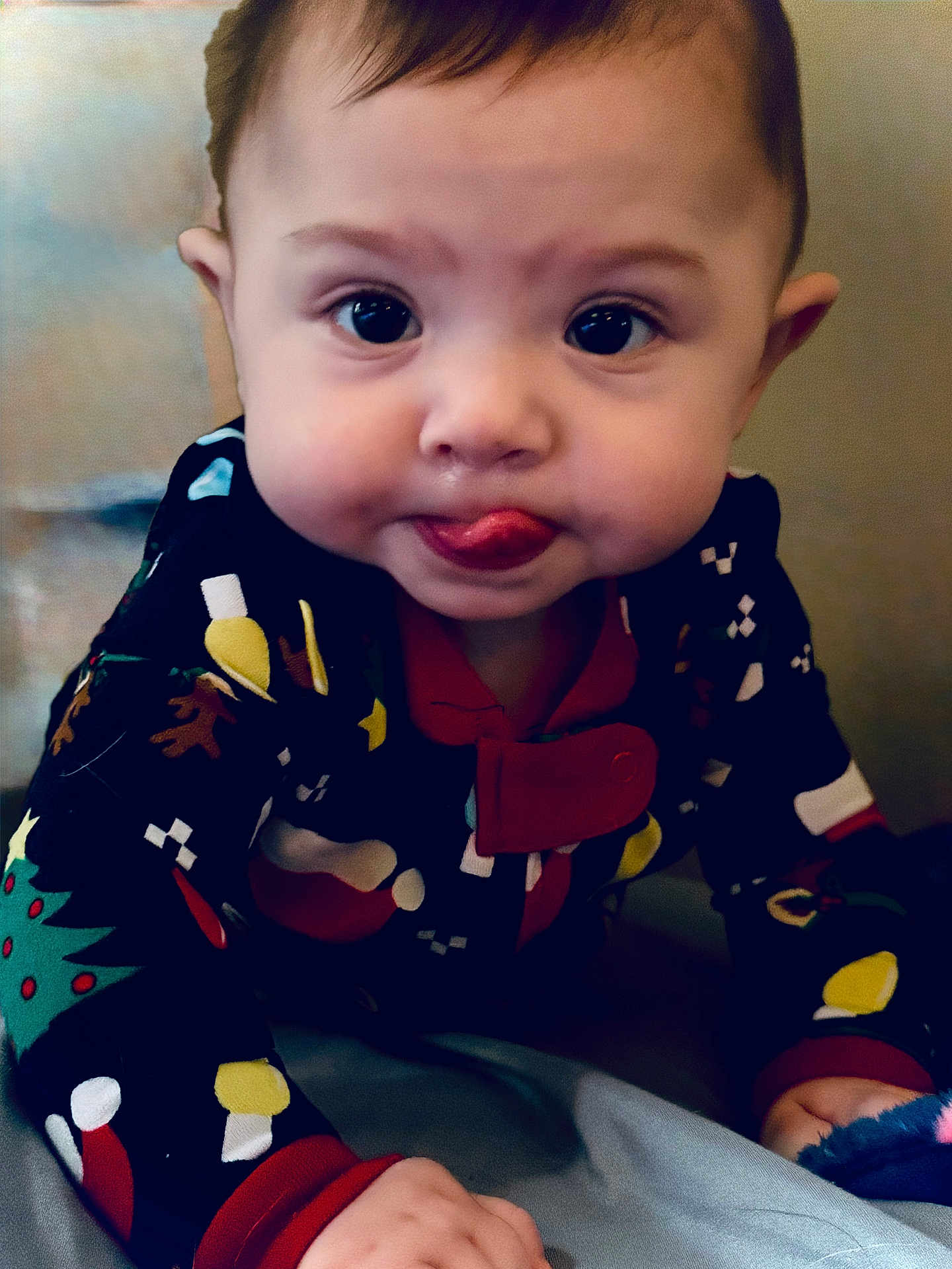 Ember is registered to the contest to win money with this photo: baby, bodypart, clothing, cosmetics, couch, crawling, face, finger, furniture, hand, happy, head, lipstick, mouth, pajamas, person, photography, portrait, sitting, smile