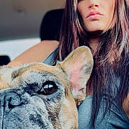 Bugz is registered to the contest to win money with this photo: animal, blue_eyes, car_interior, casual_clothing, close_up, companion, cute, dog, expression, face, french_bulldog, friendship, head, indoors, long_hair, pet, portrait, seat, selfie, woman