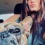 animal, blue_eyes, car_interior, casual_clothing, close_up, companion, cute, dog, expression, face, french_bulldog, friendship, head, indoors, long_hair, pet, portrait, seat, selfie, woman