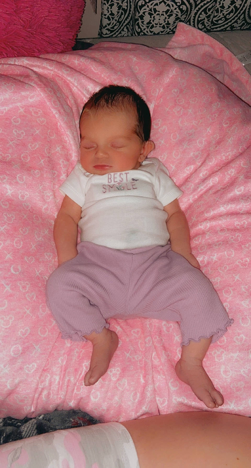 Sophie is registered to the contest to win money with this photo: baby, baby_toddler_clothing, cheek, comfort, finger, iris, lap, leg, lip, magenta, mouth, neck, organ, person, pink, skin, sleeve, stomach, textile, thigh