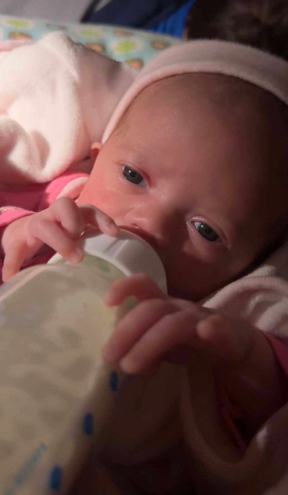 Zaza is registered to the contest to win money with this photo: baby, bottle, feeding, infant, pink_blanket, headband, close_up, hand, milk, newborn, sleeping_area, soft_toys, indoor, cute, child, person, portrait, warm_lighting, comfort, rest