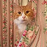 cat, orange_cat, white_fur, curious, peeking, floral_pattern, curtains, vintage_style, indoor, pet, animal, whiskers, ears, closeup, portrait, soft_lighting, domestic_cat, cute, feline, background