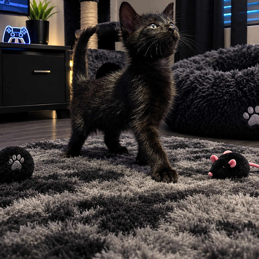 Mia is registered to the contest to win money with this photo: cat, kitten, black_cat, pet, animal, feline, standing, indoors, living_room, rug, cat_tree, cat_toy, toy_mouse, furniture, couch, window, blinds, plant, gaming_setup, portrait
