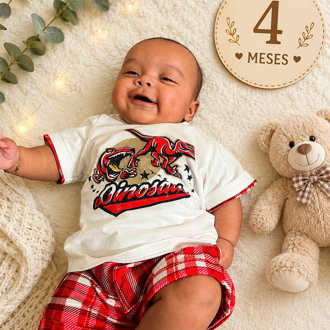 Miguel is registered to the contest to win money with this photo: baby, infant, smiling, dinosaur_shirt, red_plaid_shorts, teddy_bear, wooden_milestone, 4_months, fairy_lights, cream_blanket, cozy, cute, child, portrait, happy, lying_down, soft_texture, plush_toy, milestone_sign, home