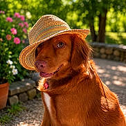 Nati participe au concours pour gagner de l'argent avec cette photo : dog, straw_hat, outdoor, sunlight, greenery, flowers, pet, canine, nature, summer, portrait, animal, brown_fur, garden, happy, collar, closeup, sunny_day, playful, cute