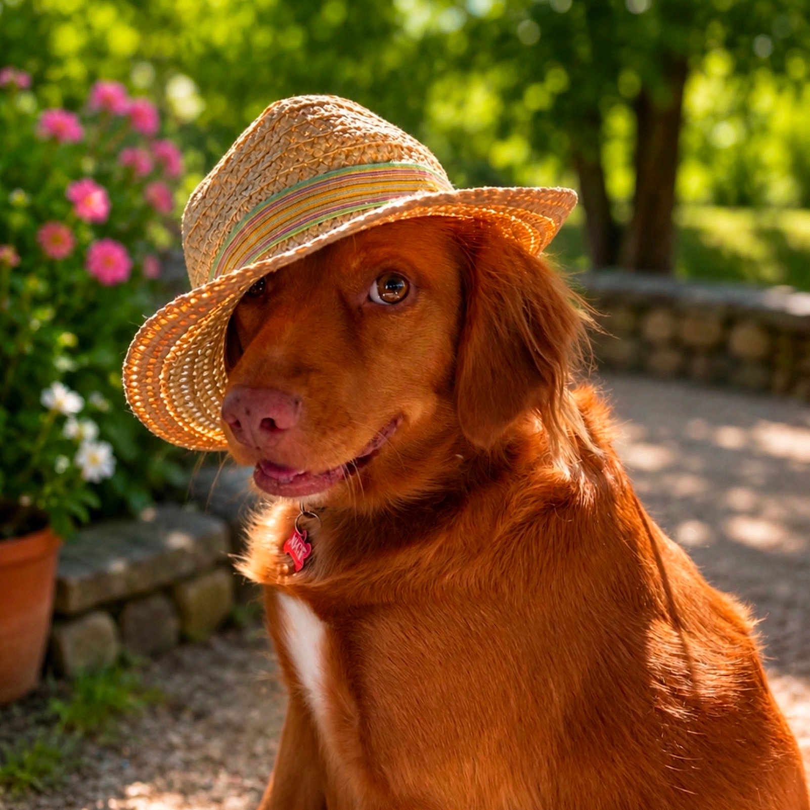Nati participe au concours pour gagner de l'argent avec cette photo : dog, straw_hat, outdoor, sunlight, greenery, flowers, pet, canine, nature, summer, portrait, animal, brown_fur, garden, happy, collar, closeup, sunny_day, playful, cute