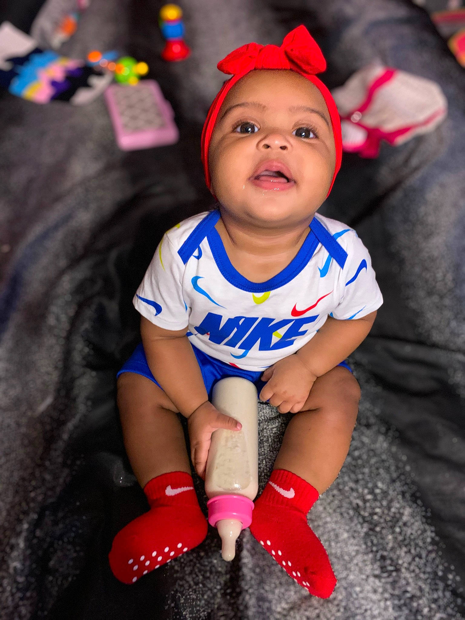 Kennady joined the competition — help win amazing prizes! baby, baby_toddler_clothing, electric_blue, event, eye, face, facial_expression, fictional_character, flash_photography, fun, happy, headwear, human_leg, person, pink, red, sleeve, smile, sock, t_shirt