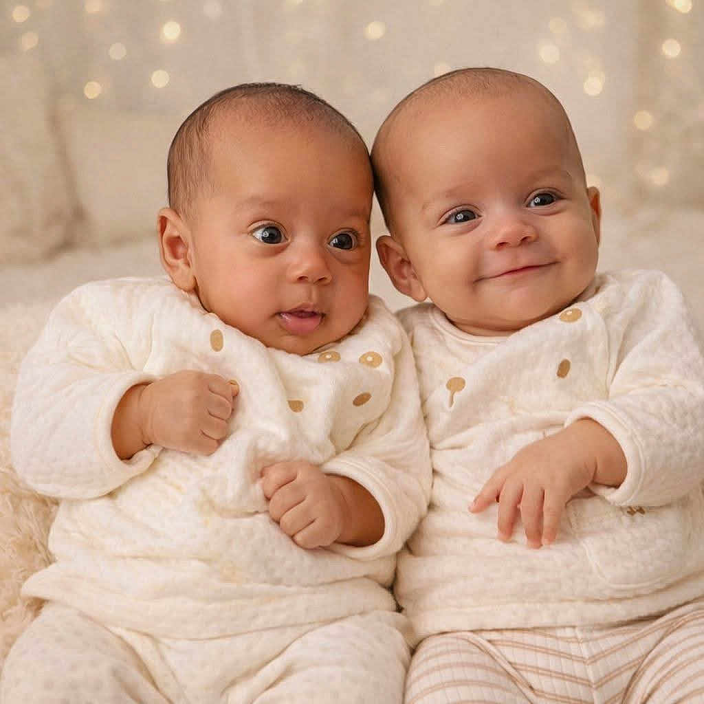 Amália And Mila is registered to the contest to win money with this photo: baby, child, closeup, cozy, cute, cute_expression, face, fluffy, happy, indoors, infant, newborn, portrait, sitting, smiling, soft_lighting, twins, two_people, warm_colors, white_clothing