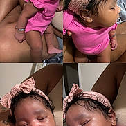 Daymira is registered to the contest to win money with this photo: baby, infant, child, pink_clothing, headband, sleeping, awake, curly_hair, cuddle, arm, tattoo, indoor, carpet, bed, blanket, skin, person, portrait, closeup, cute