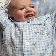 Keelan is registered to the contest to win money with this photo: baby, smiling, pajamas, blue, checkered, teddy_bear, blanket, star_pattern, infant, cute, happy, lying_down, face, child, young, soft, comfort, indoors, clothing, portrait