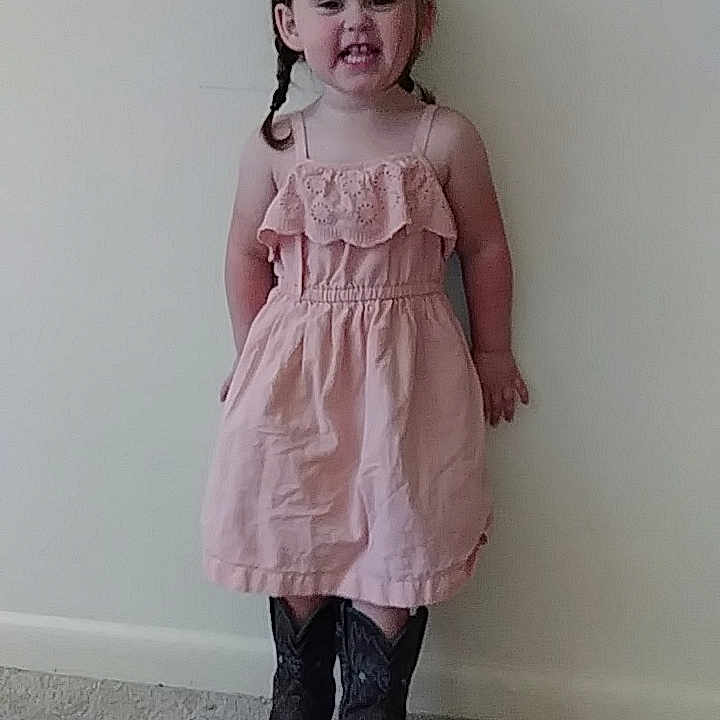 Gracie joined the competition — help win amazing prizes! beige, child, child_model, clothing, dress, fashion_design, footwear, formal_wear, knee, outerwear, pattern, person, pink, ruffle, sleeve, smile, standing, toddler