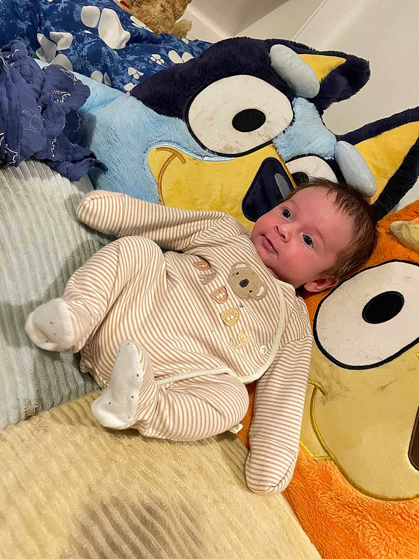 Xavier-James joined the competition — help win amazing prizes! baby, cartoon_pillow, child, colorful, comfort, couch, cozy, cute, home, indoor, infant, koala_design, pajamas, person, plush_pillow, relaxed, smiling, sofa, soft_toys, striped_clothing