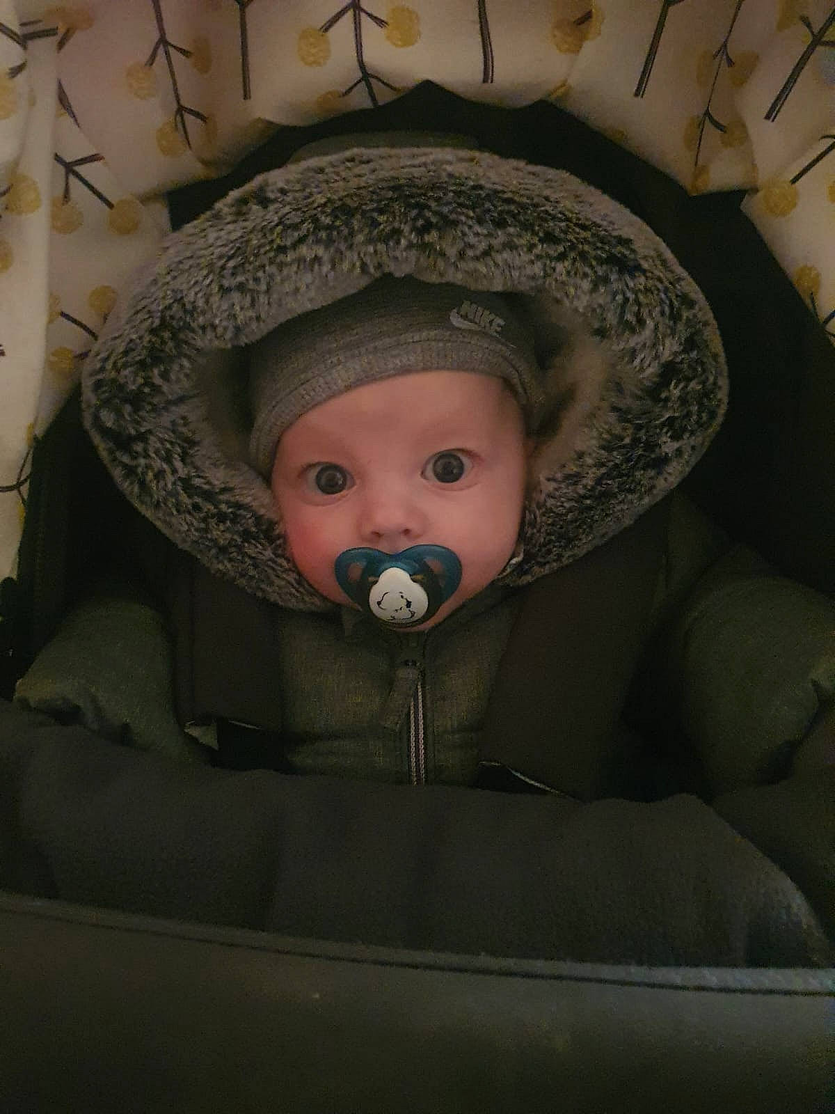 Deacon is registered to the contest to win money with this photo: art, baby, baby_products, baby_toddler_clothing, child, comfort, costume_hat, eye, facial_expression, fur, hat, head, headwear, infant_bed, linens, mouth, outerwear, person, room, sitting