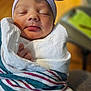 newborn, baby, sleeping, blanket, hat, bunny_ears, wrapped, cozy, soft_light, closeup, infant, peaceful, cute, indoors, person, child, face, mouth, nose, hand