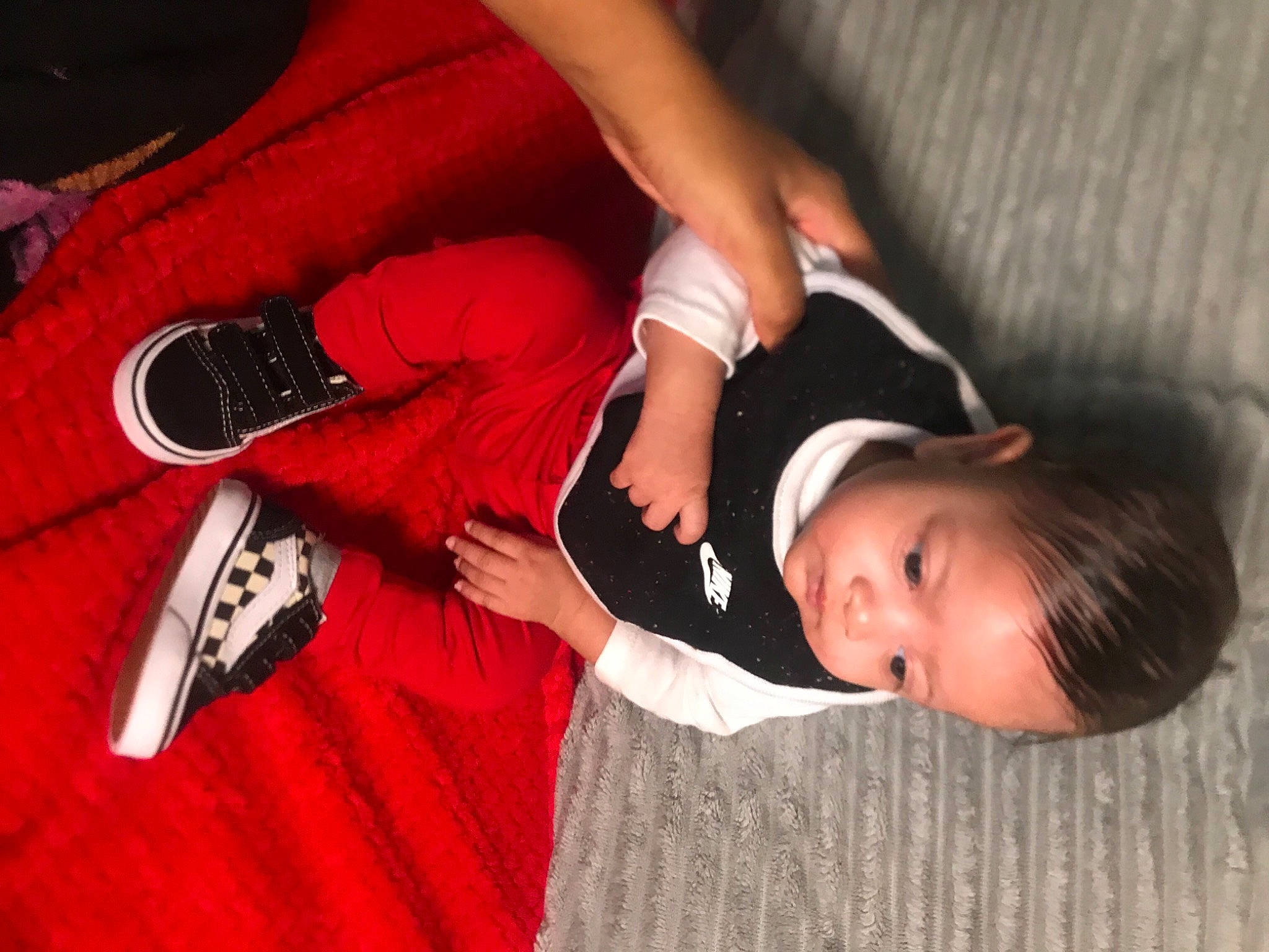Nalaya is registered to the contest to win money with this photo: baby, baby_toddler_clothing, carmine, child, comfort, couch, elbow, nail, person, toddler, walking_shoe, wrist