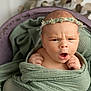 baby, newborn, infant, wrapped, blanket, headband, flower_crown, green, portrait, cute, expression, face, hands, soft_texture, cozy, indoor, closeup, skin, child, adorable